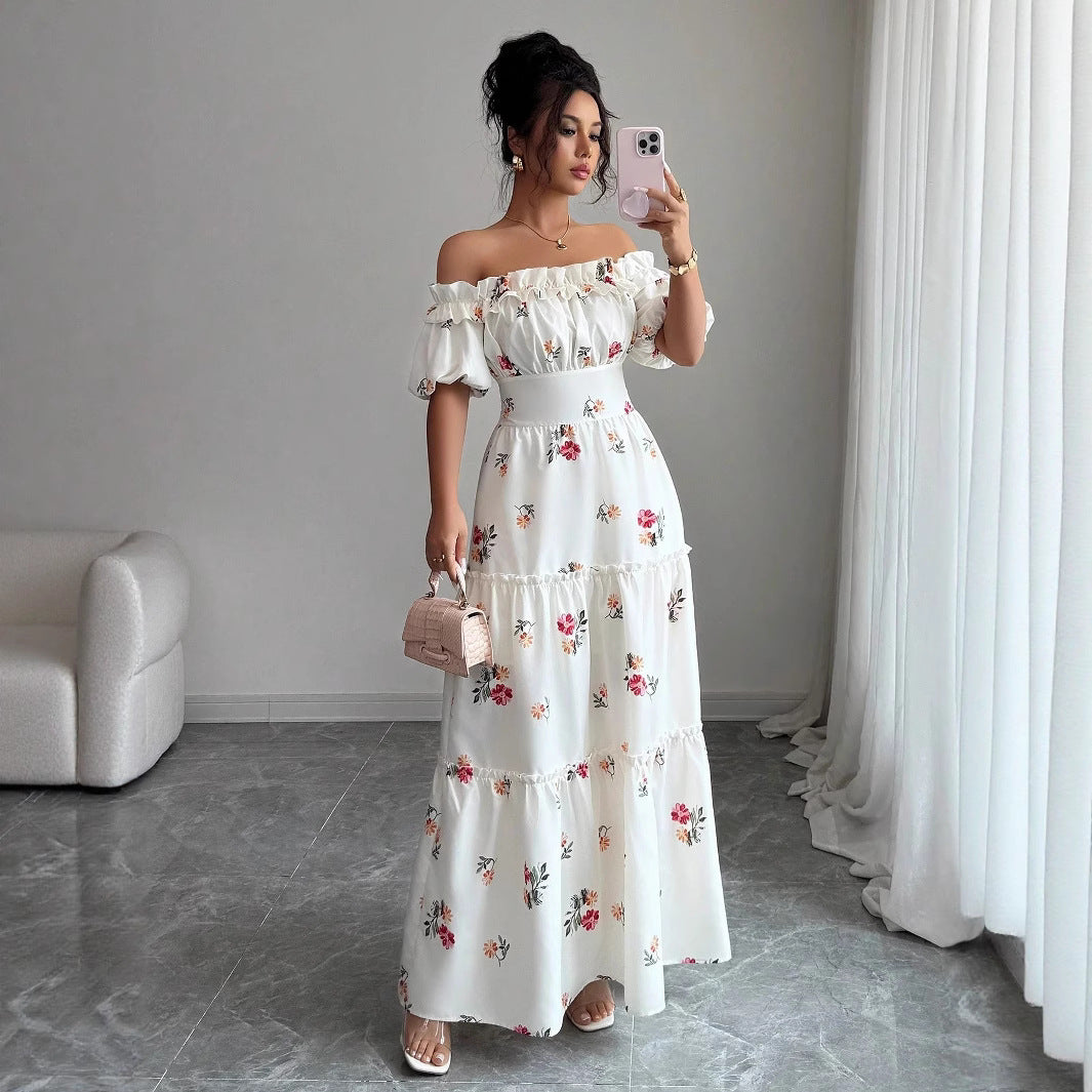 Kvinde Off-Shoulder Maxikjole med florale applikationer og flæser Stilla