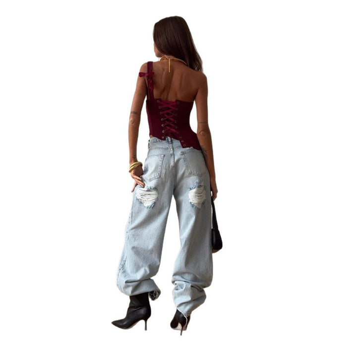 Kvinders Baggy Jeans i Vintage Stil med Slidte Detaljer og Høj Talje Stilla