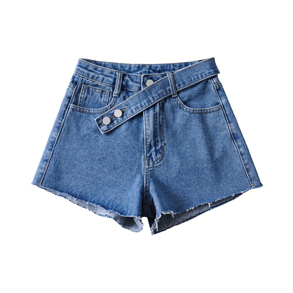 Damer Højtaljede Denim-Shorts med bredt bælte og moderigtige frynsede kant Stilla