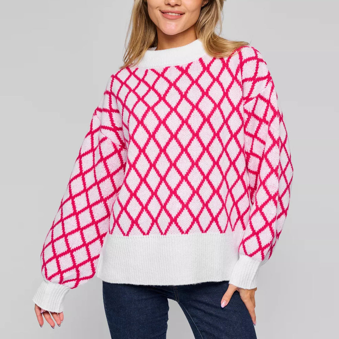 Kvindernes strikkede sweater med moderne diamantmønster og innovativt snit Stilla