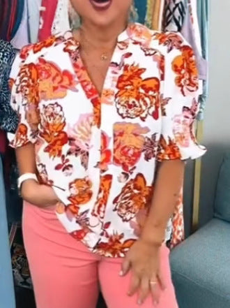 Dame kortærmet bluse med blomster rynker Stilla
