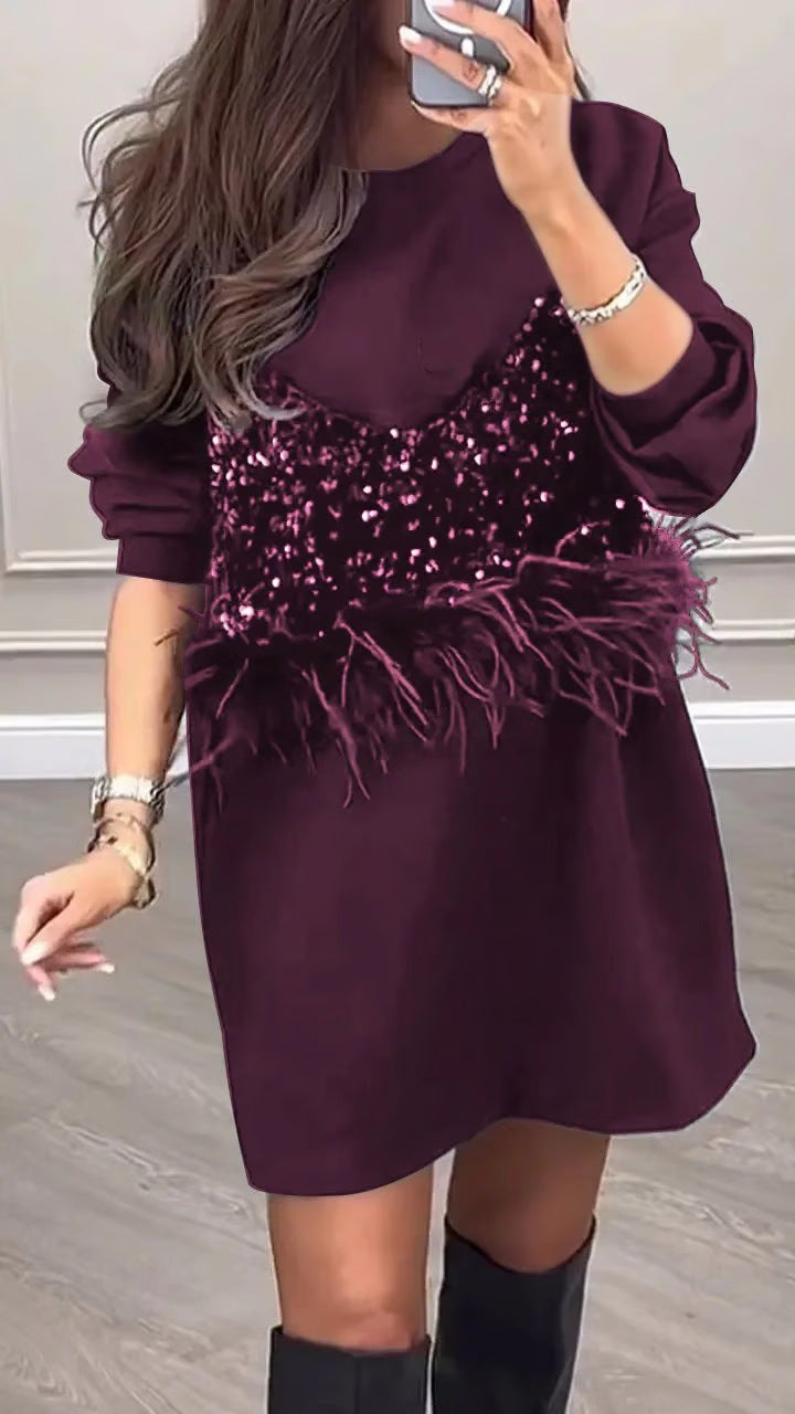 Dame nan Sweat-Mini kjole med paliet-bustier og fjerbesætning Skovae