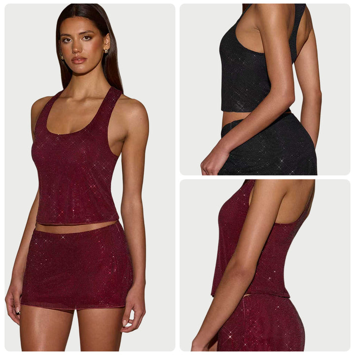 Kvinders glitrende sportsæt med ærmeløs top og kort nederdel Skovae