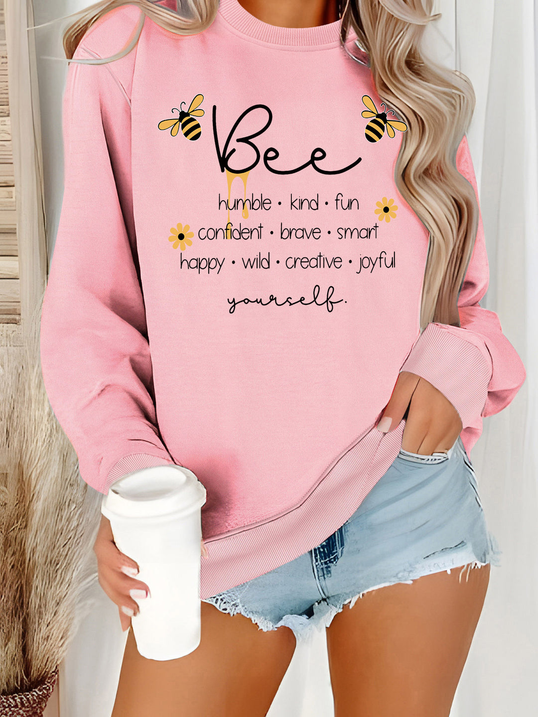 Dame sweatshirt med inspirerende bi-motiv og positive affirmationer Stilla