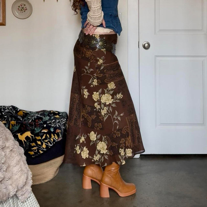 Dame Maxi Skirt med blomsterdesign og transparent chiffon overlay Skovae