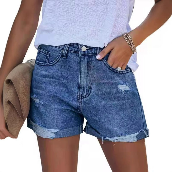 Dame jeansshorts med moderigtige revner og omviklet kant Stilla