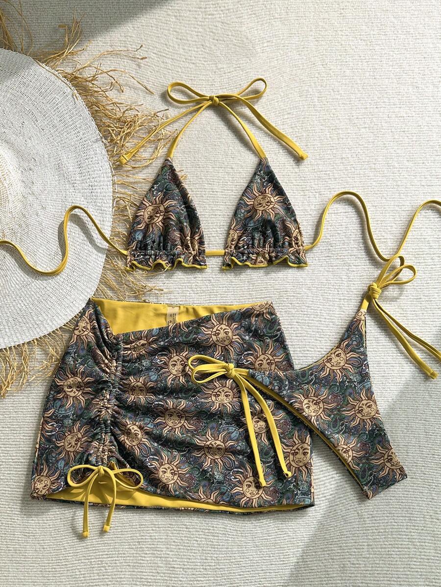 Dame Triangle Bikini Sæt med rynkefri detaljer og omslagskørt Skovae