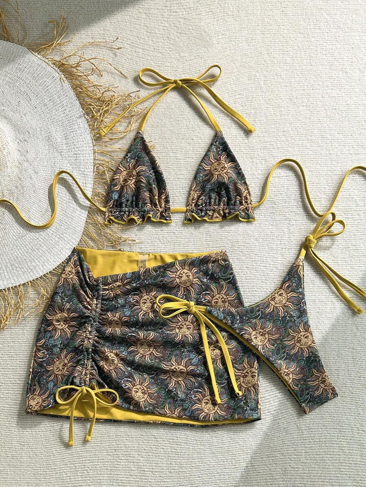Dame Triangle Bikini Sæt med rynkefri detaljer og omslagskørt Skovae