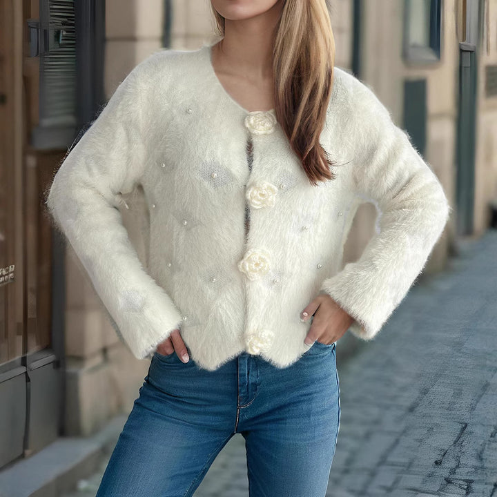 Kvinders fine cardigan med blomsterapplikationer og perleaccenter Stilla