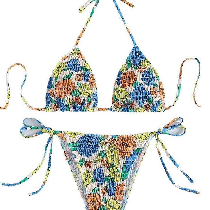 Dame Triangel-Bikini med farverigt blomsterprint og elastiske bindebånd Skovae