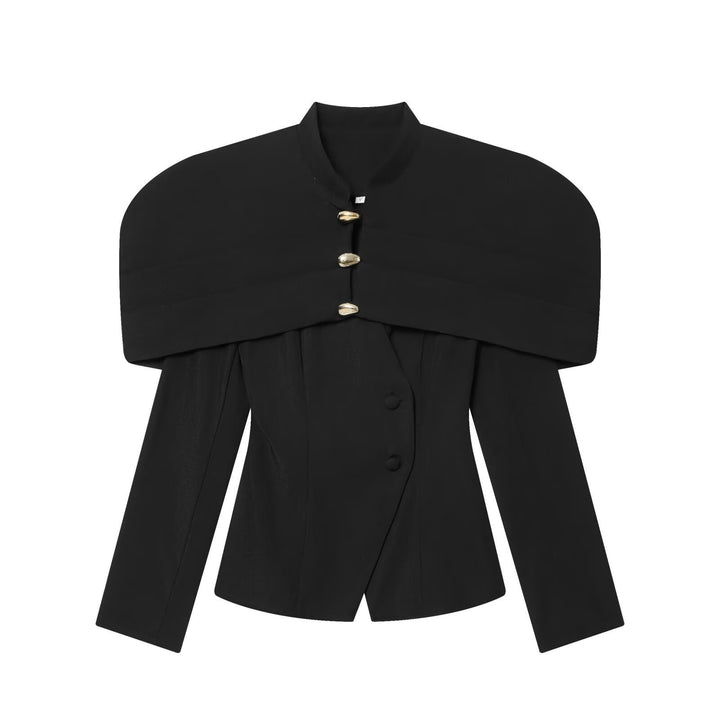 Dame elegant blazerjakke med oversized skulderklapper og gyldne knapdetaljer Skovae