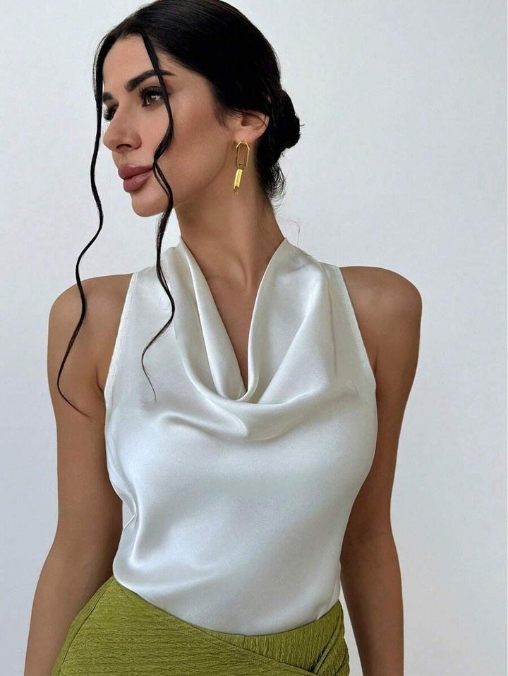 Dame Elegant satin top med smart vandfald udskæring Skovae