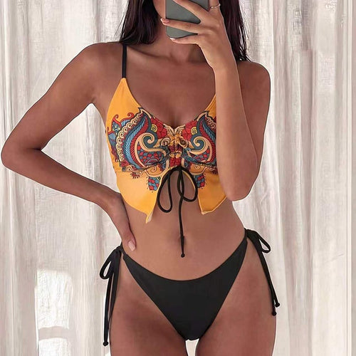 Dame bikini-overdel med kunstnerisk mønstertryk og justerbare stropper Skovae