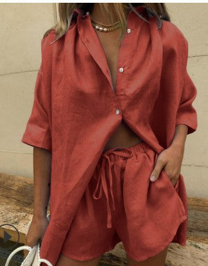 Dame let linned blouse med shorts Skovae