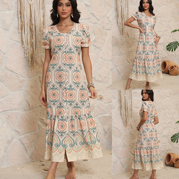 Femme Bohemian Tryk Maxi Kjole med Volangkant Stilla