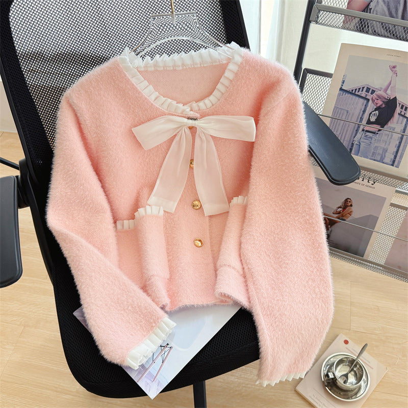 Dame Fluffy Cardigan med Elegant Sløjfe Krave og Dekorative Knapper Stilla
