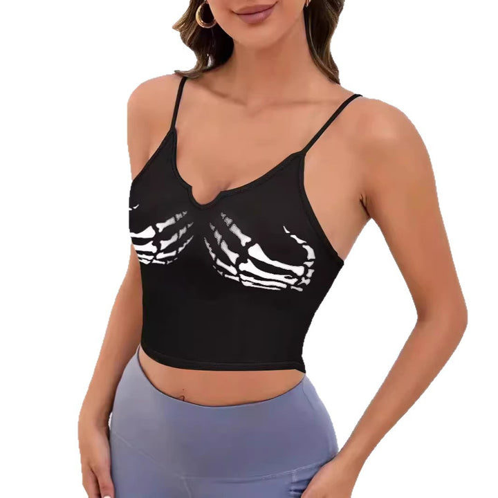 Damer sporty crop-top med kreativt skeletdesign Skovae