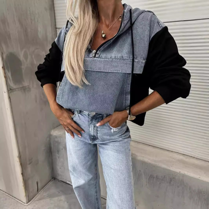 Damer afslappet denim-hættebluse med hætte og kontrasterende ærmer Stilla