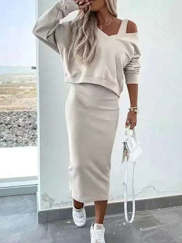 Dame Cut-Out Sweatshirt og Bleistiftrock Sæt Stilla