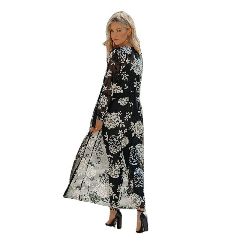 Dame Longsleeve Kimono med blomsteragtigt spidsemotiv og afslappet pasform Stilla