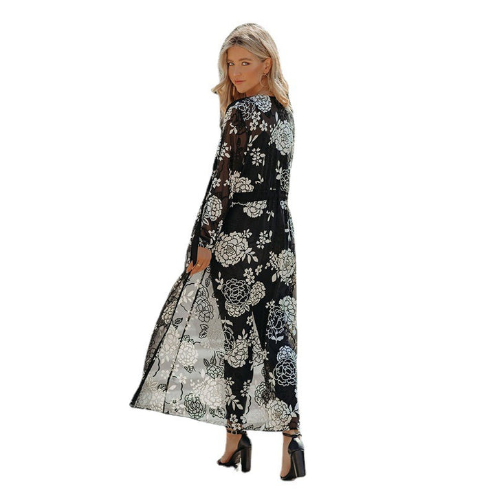Dame Longsleeve Kimono med blomsteragtigt spidsemotiv og afslappet pasform Stilla