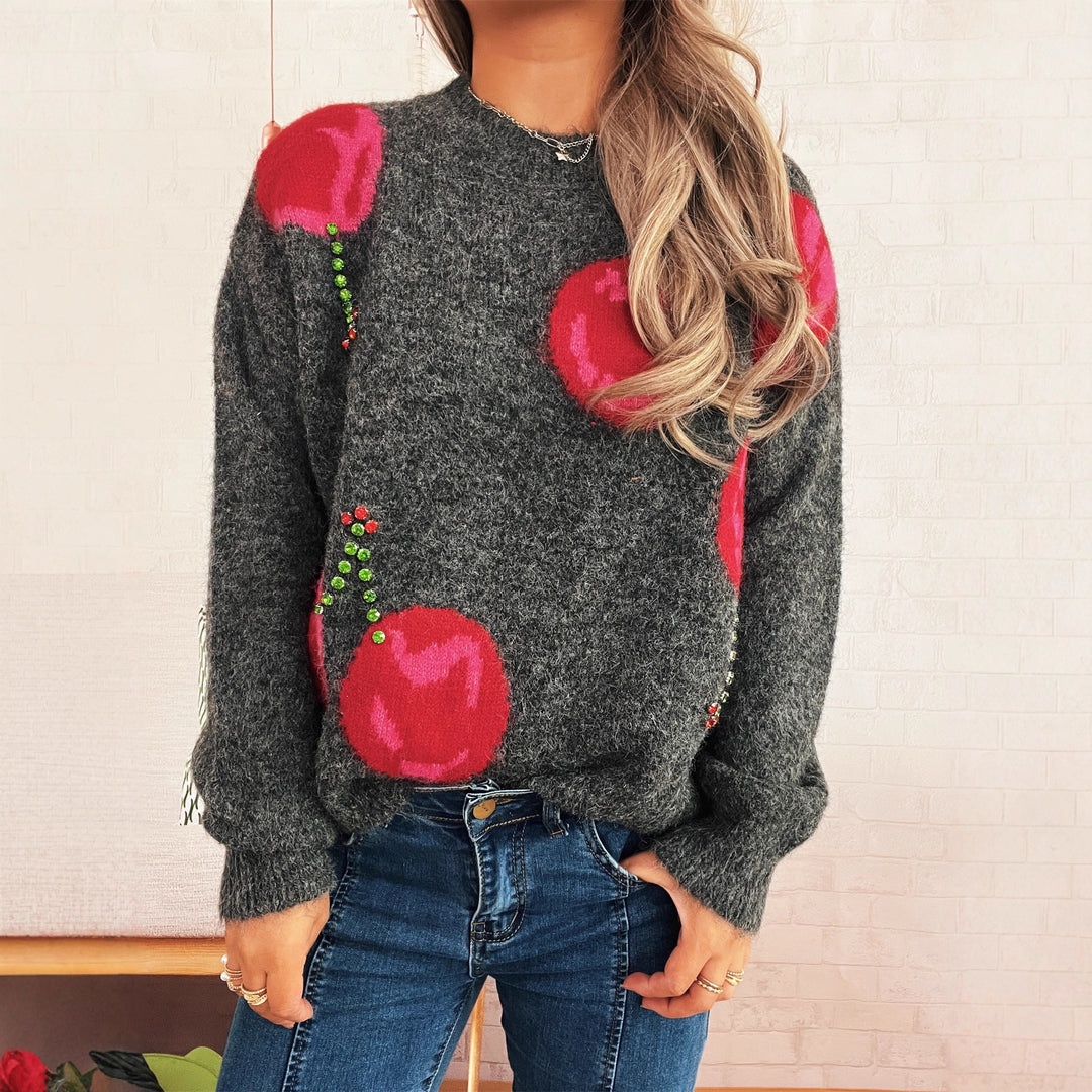 Kvinders hyggelige strikket sweater med blomsterapplikationer og glitrende accenter Stilla