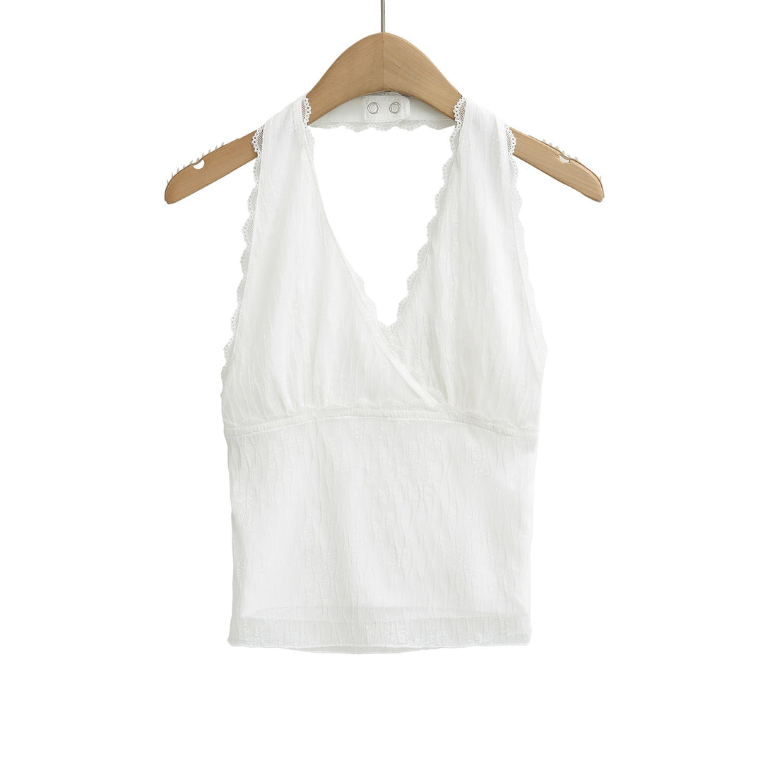 Dame spids-crop-top med dyb v-udskæring og elegante flæser detaljer Stilla