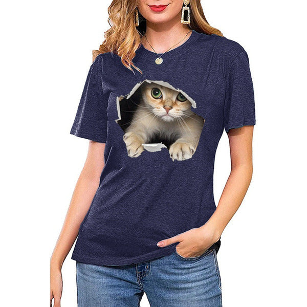 Dame T-shirt med kreativ kattemotiv og struktureret pasform Stilla