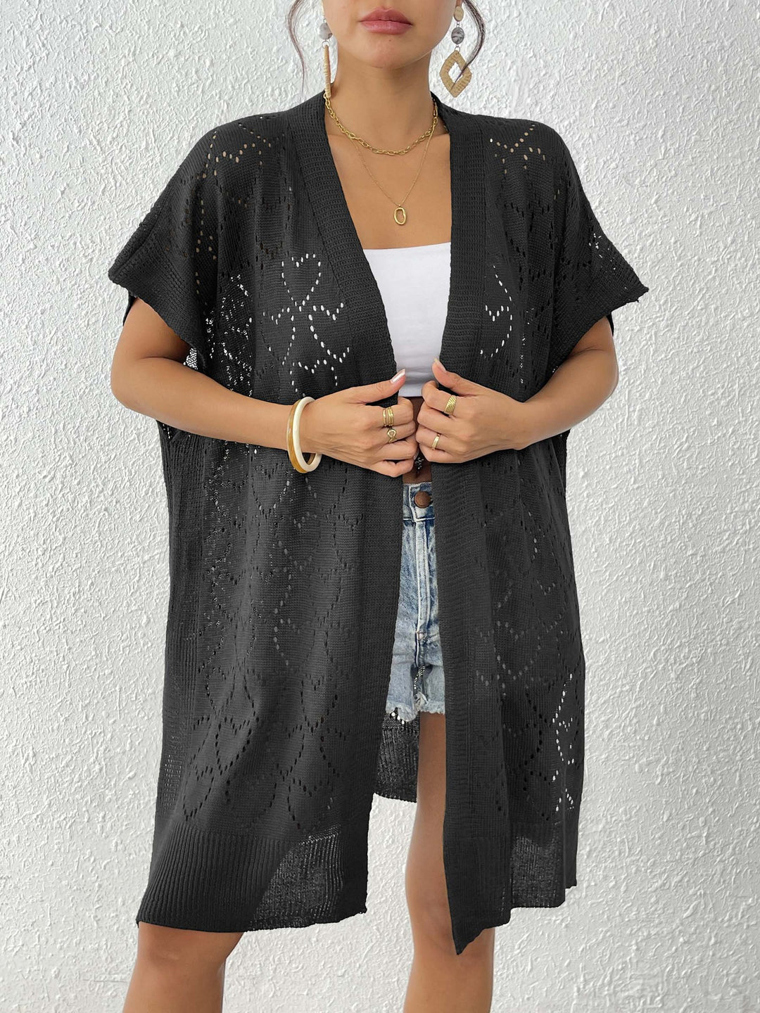 Dame luftig strikket kimono med blomster mønster Skovae