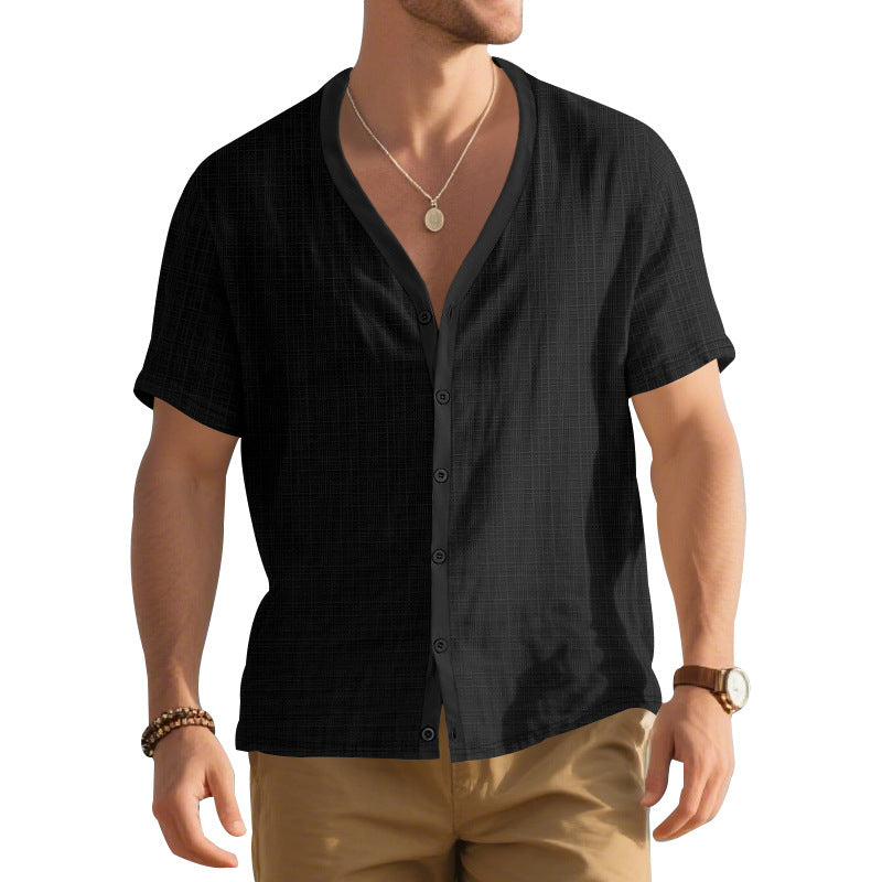 Herrer Kortsleeve Henley Skjorte med moderigtigt V-udskæring og struktureret design Stilla