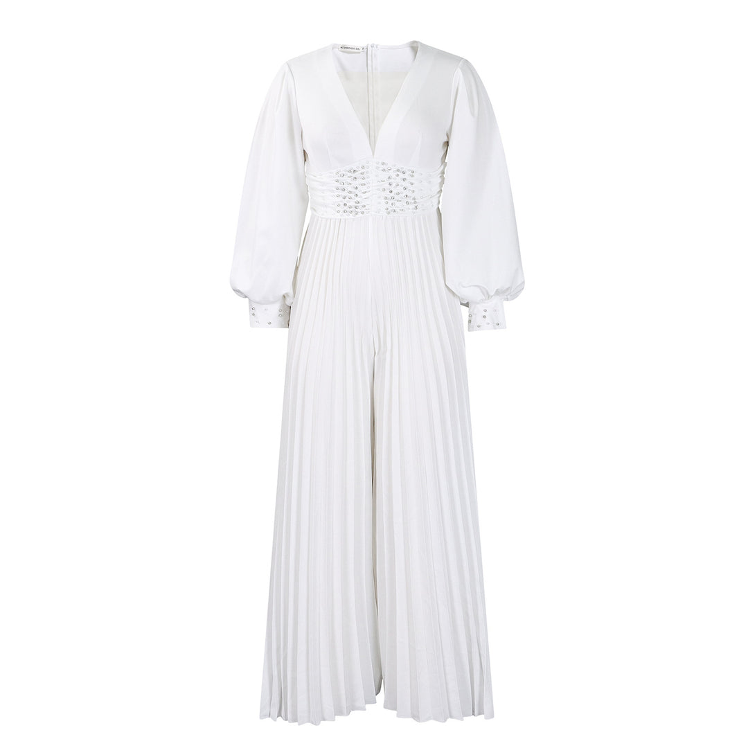 Dame Elegant Plisseret Jumpsuit med dyb V-udskæring og glitrende taljedetalje Stilla