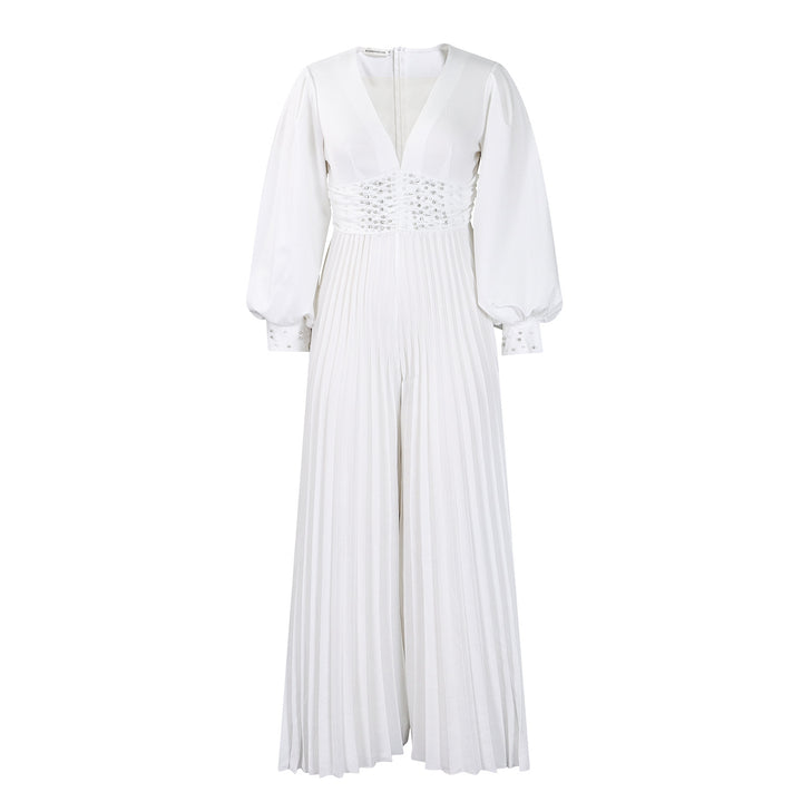 Dame Elegant Plisseret Jumpsuit med dyb V-udskæring og glitrende taljedetalje Stilla