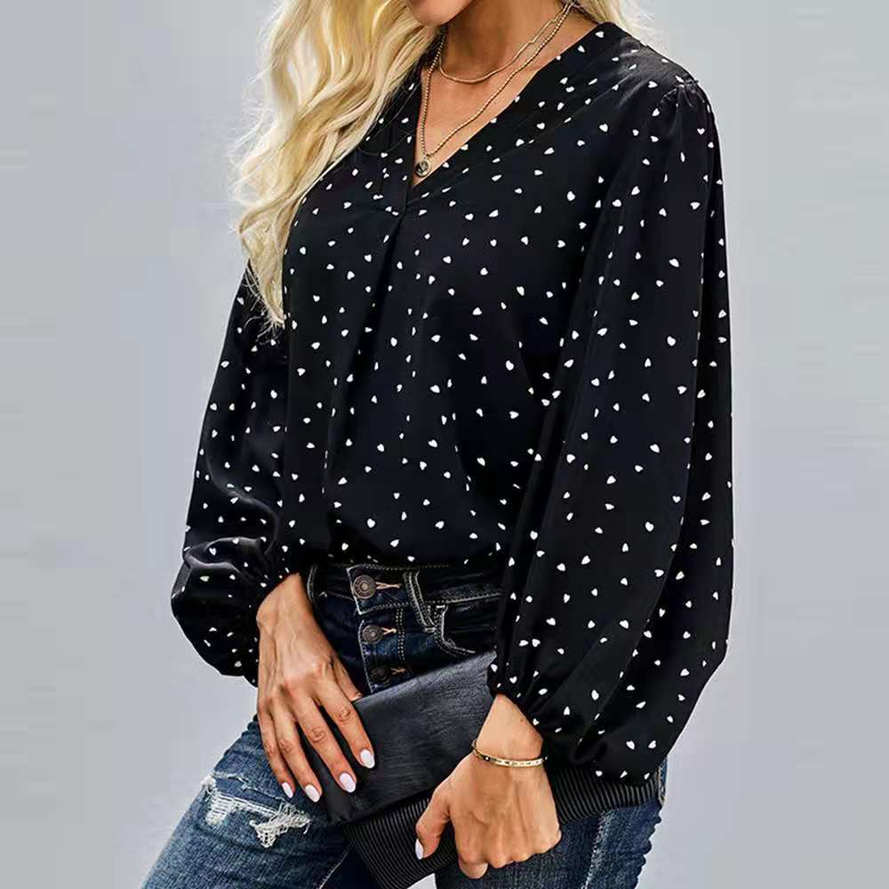 Dame elegant bluse med puffærmer og hjerte mønster Stilla