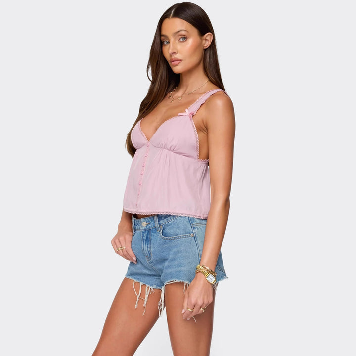 Dame Crop-top i fin bomuld med dekorative knapdetaljer Skovae