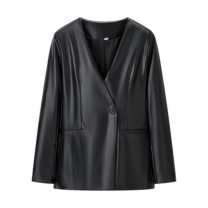 Damer Elegant Faux Læder Blazer Jakke med Modern Cut og Lommer Stilla