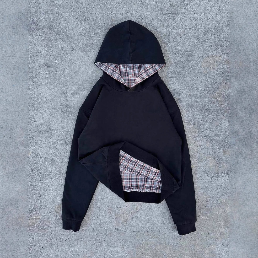 Dame afslappet hoodie med quiltet inderside og kontrasterende ternet mønster Stilla