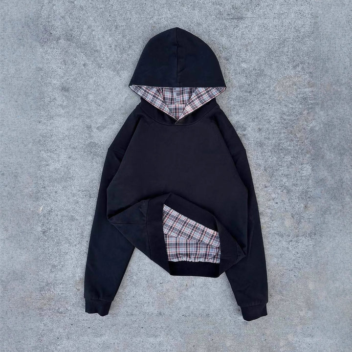 Dame afslappet hoodie med quiltet inderside og kontrasterende ternet mønster Stilla