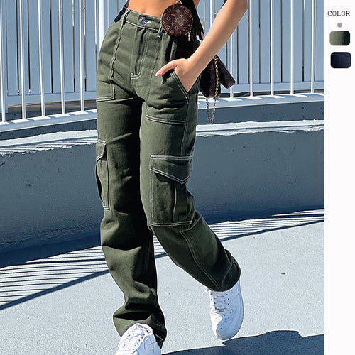 Dame cargo jeans i moderne snit med praktiske lommer og stilfuld kontraststingning