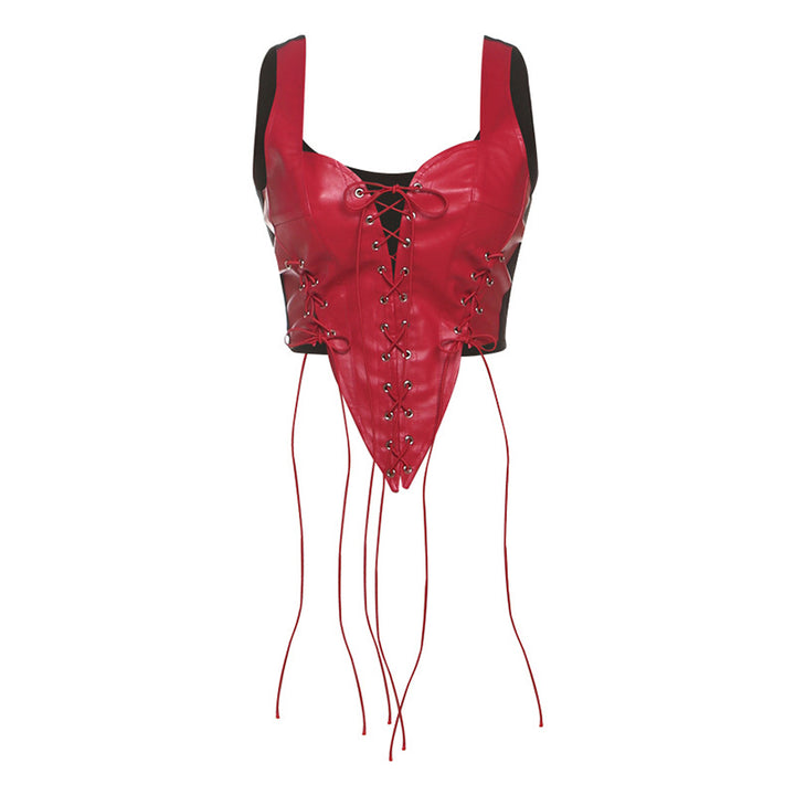 Dame Læder-Corset-Top med snøring og asymmetrisk snit Skovae