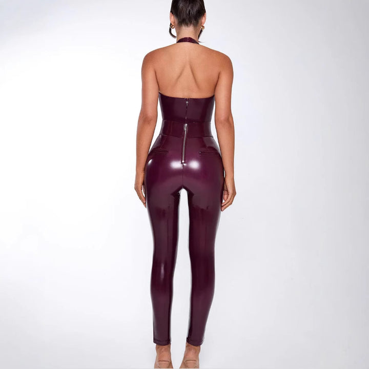 Women's body-hugging jumpsuit made of glossy material with a deep V-neck and slim fit
