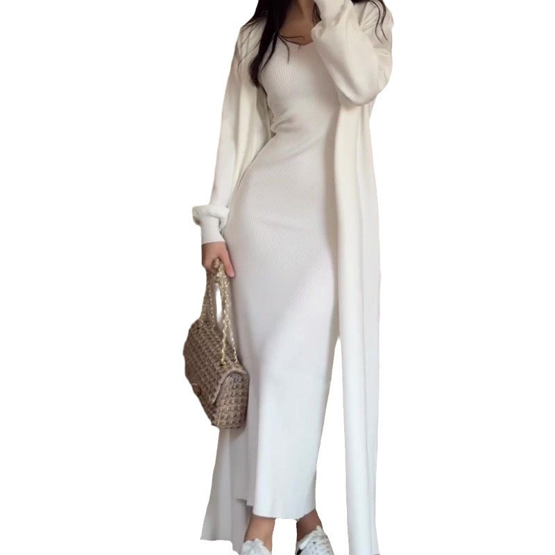 Dame Rippstrik Midi Kjole med elegant Cardigan Stilla
