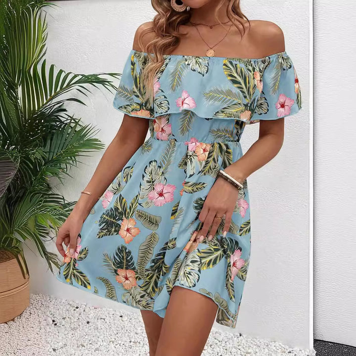 Dame off-shoulder midikjole med volangtop, elastisk talje og udstående A-linje nederdel Skovae