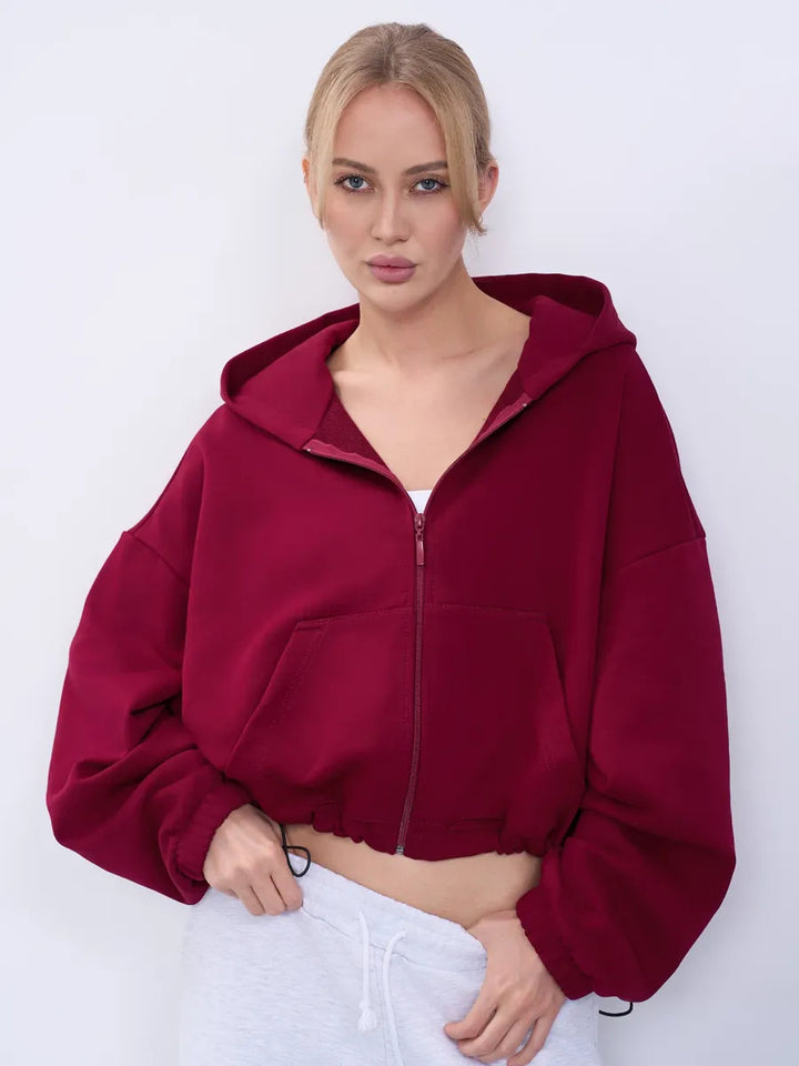 Kvinder Cropped Hoodie Jakke med Lynlås og Oversized Ærmer Skovae