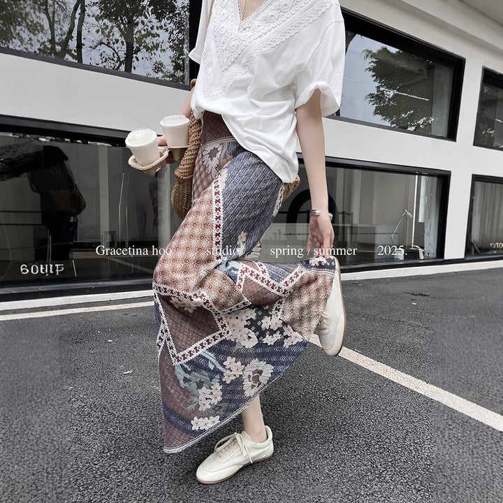 Dame Patchwork Maxi-nederdel med spidsedetaljer og flydende snit Stilla
