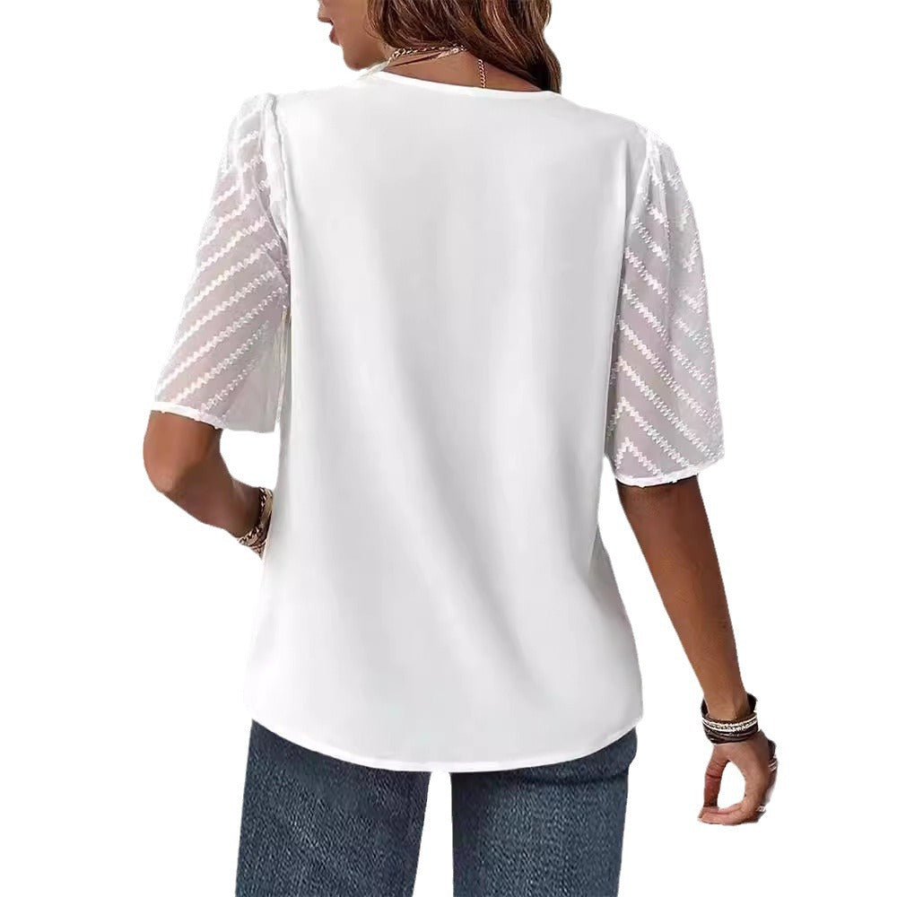 Damer nan elegant chiffon top med plisseret V-udskæring og gennemsigtige zigzagærmer Skovae