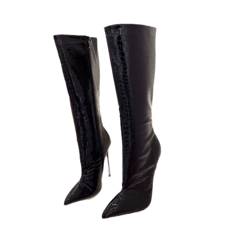 Dame High Heel Overknee Støvler med Krokodilleprægning og elegant Snøring Stilla