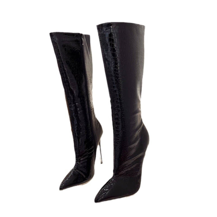 Dame High Heel Overknee Støvler med Krokodilleprægning og elegant Snøring Stilla