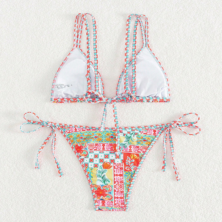 Dame triangel-bikini med rynker og farverigt blomster-mønster Skovae