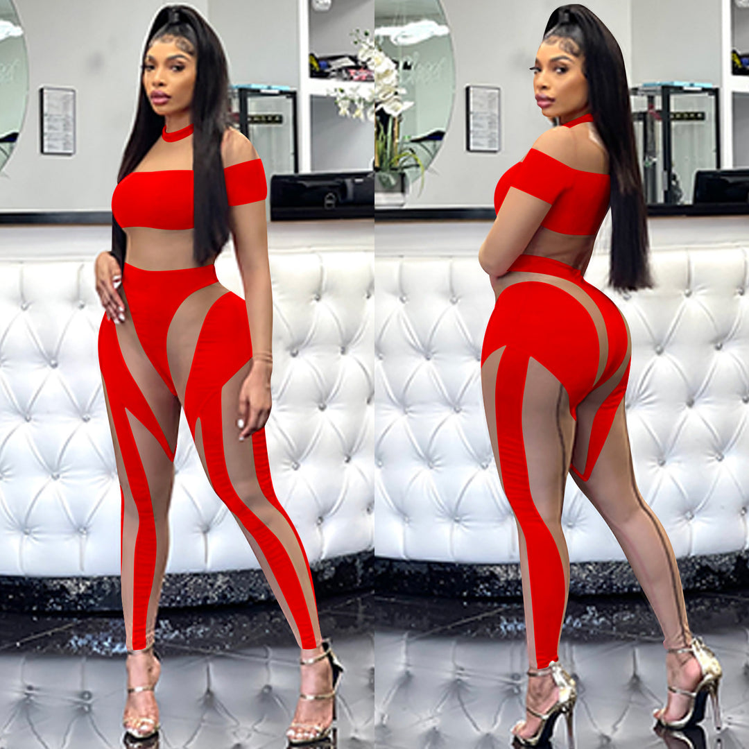Dame Off-Shoulder Crop-Top og Leggings Sæt med transparente indsatser Stilla