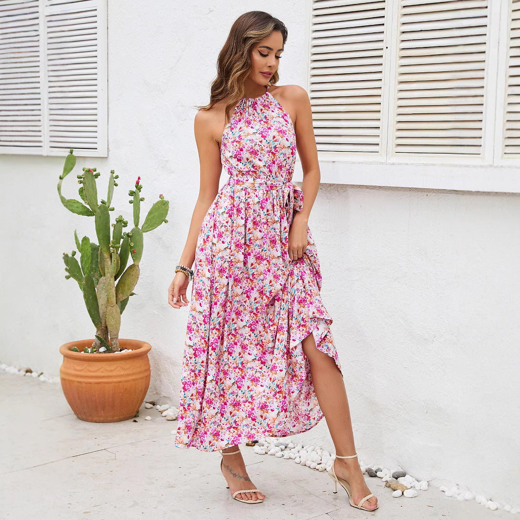 Dame Halterneck Blomster Maxi Kjole med Bindebånd Detalje Stilla